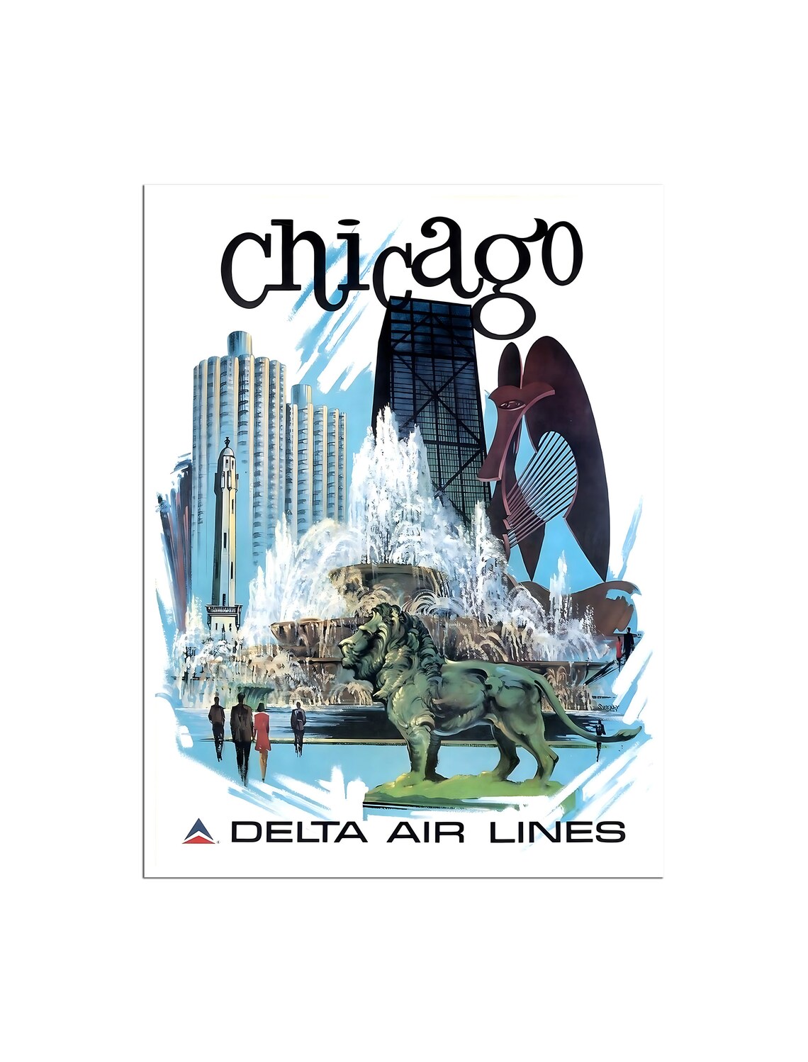 Chicago Delta Air Lines Buckingham Fountain Lion Vintage Travel Poster