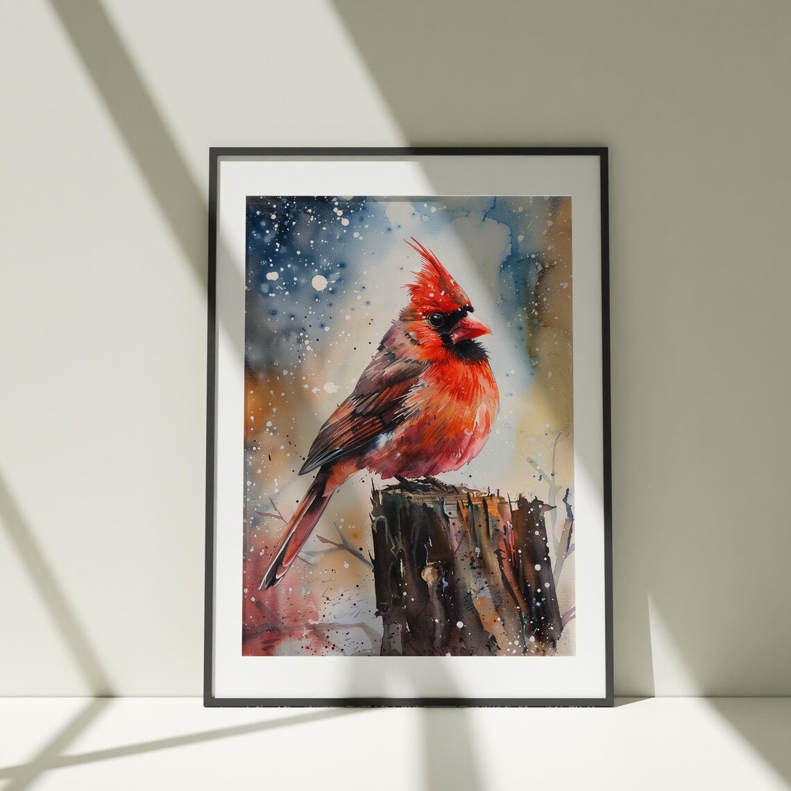 Red Cardinal Snow Watercolor Bird Perched Winter Bird Art Poster