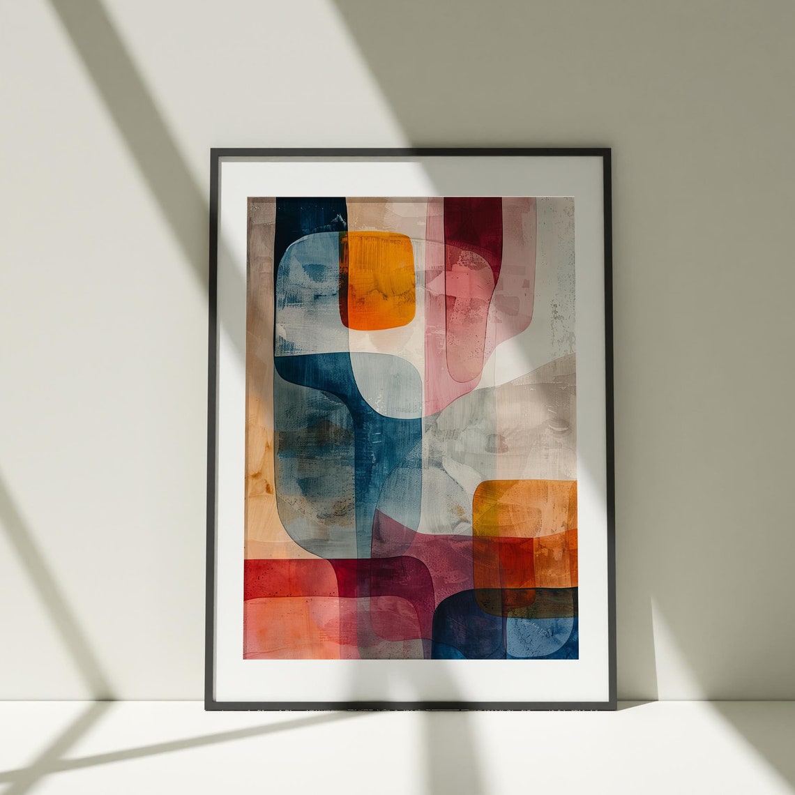 Mid Century Geometric Abstract Navy Orange Pink Retro Style Poster