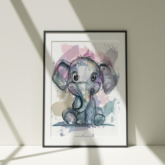 Baby Elephant Watercolor Nursery Cute Kids Room Sweet Art Poster