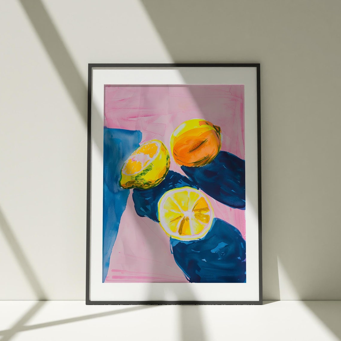Lemon Citrus Watercolor Still Life Pink Blue Bold Kitchen Art Poster