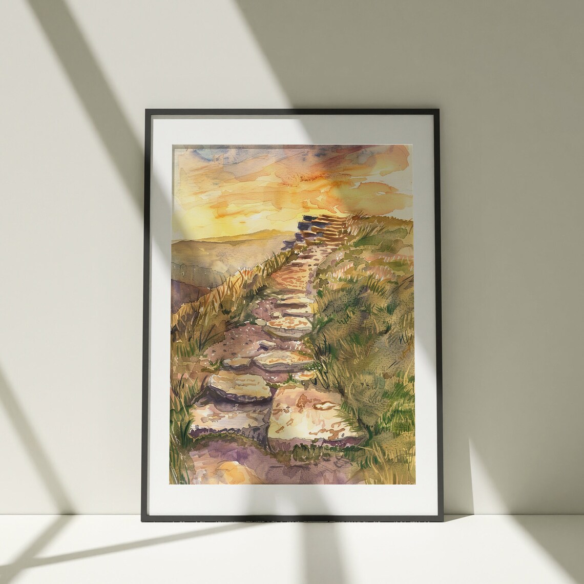 Coastal Cliff Stone Path Watercolor Sunset Golden Hour Art Poster