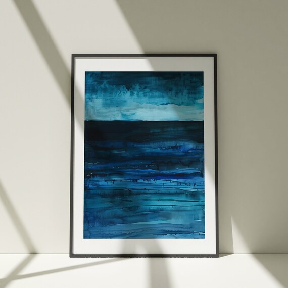 Midnight Blue Ocean Waves Abstract Watercolor Moody Sea Poster