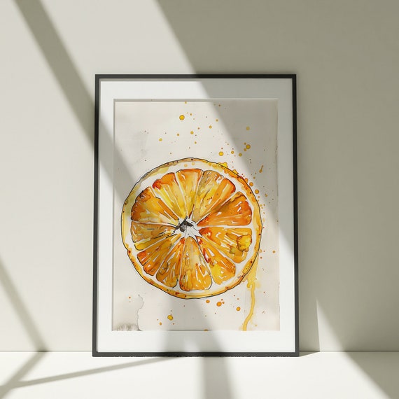 Orange Slice Painting Wall Art Poster Watercolor Colorful Illustration Minimalist Decor Kitchen Artwork Orange Illustration