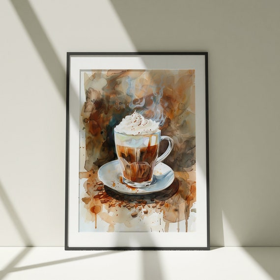 Watercolor Caramel Latte Painting Wall Art Poster Colorful Illustration Minimalist Decor Kitchen Artwork Coffee Bar Decor