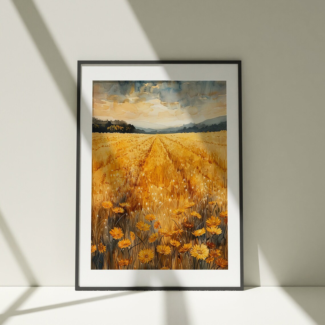 Golden Wheat Field With Daisies Watercolor Farm Landscape Poster
