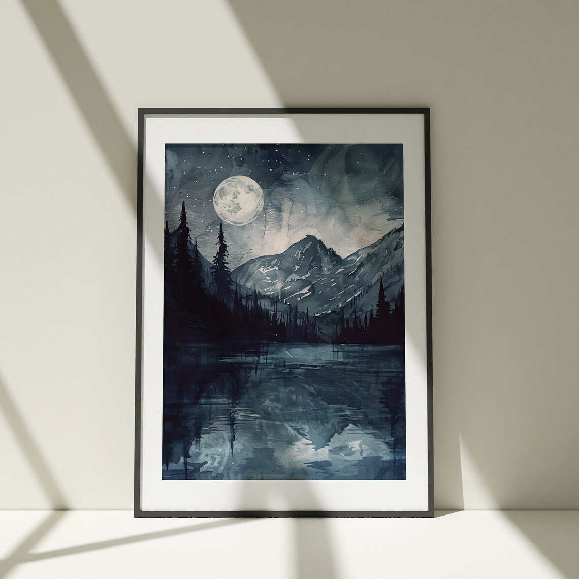 Full Moon Over Mountain Lake Watercolor Starry Night Art Poster