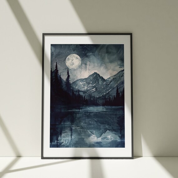 Night Mountain Lake Wall Art Painting Poster Watercolor Print Colorful Illustration Nature Minimalist Decor Bedroom Artwork