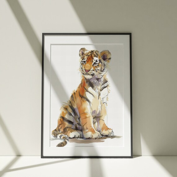 Baby Tiger Cub Sitting Watercolor Cute Jungle Wildlife Poster