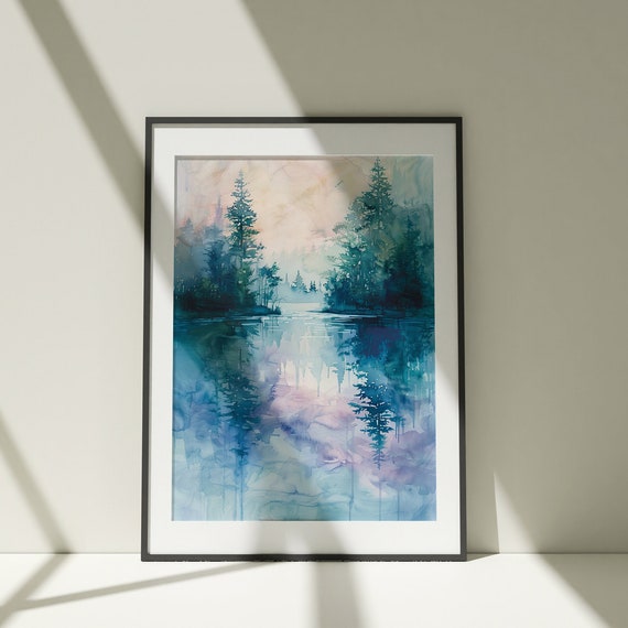 Minimalist Watercolor Landscape Abstract Forest Lake Wall Art Neutral Print Vertical Landscape Print Farmhouse Wall Decor Nursery Decor