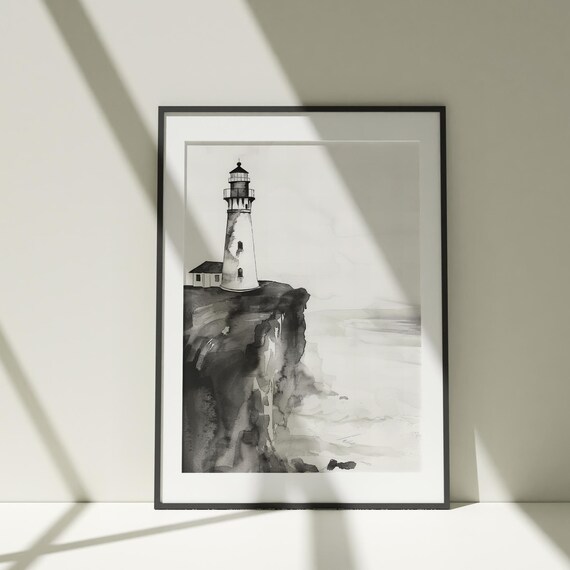 Monochrome Lighthouse on Rocky Cliff Watercolor Painting Poster for Coastal Decor