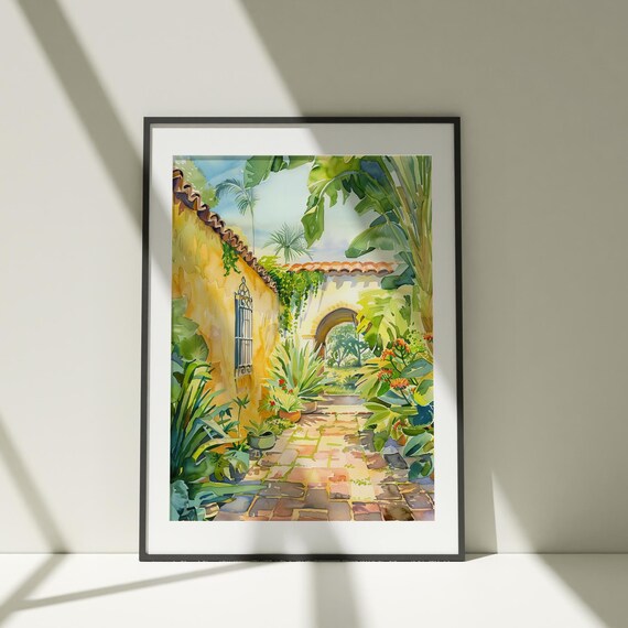 Sunlit Spanish Courtyard Garden Watercolor Tropical Art Poster
