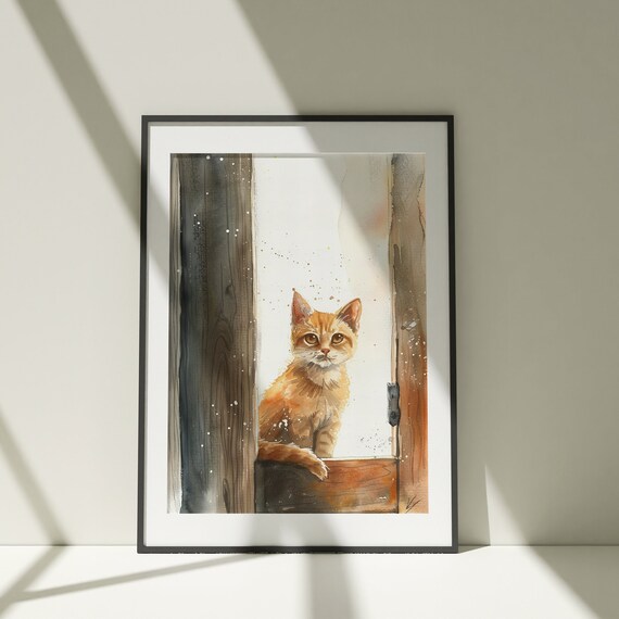 Cute Orange Kitten In Doorway Watercolor Cat Painting Poster