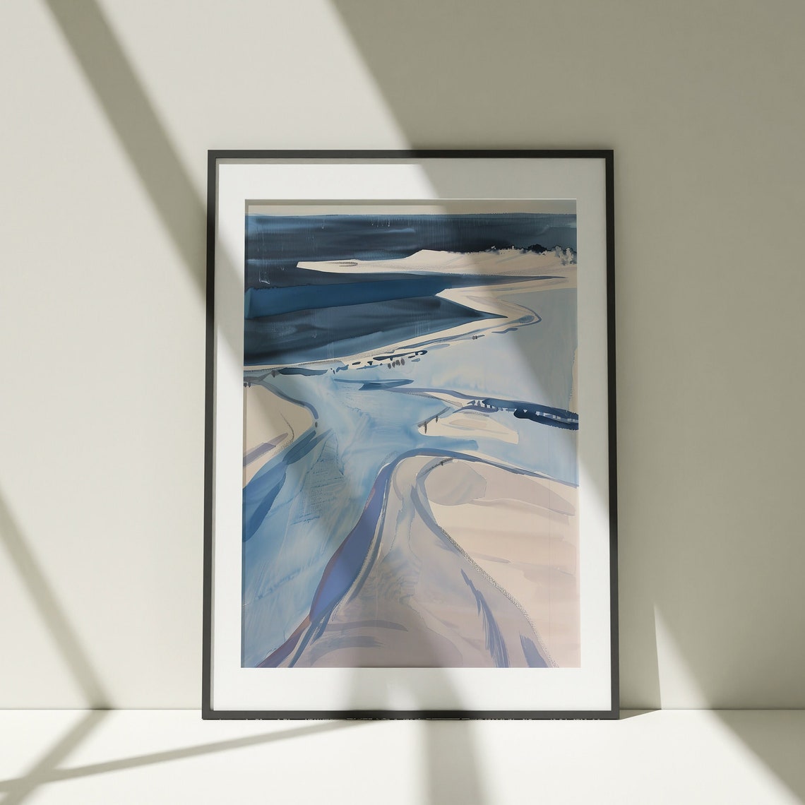 Abstract Blue Coastline Watercolor Estuary Minimal Art Poster