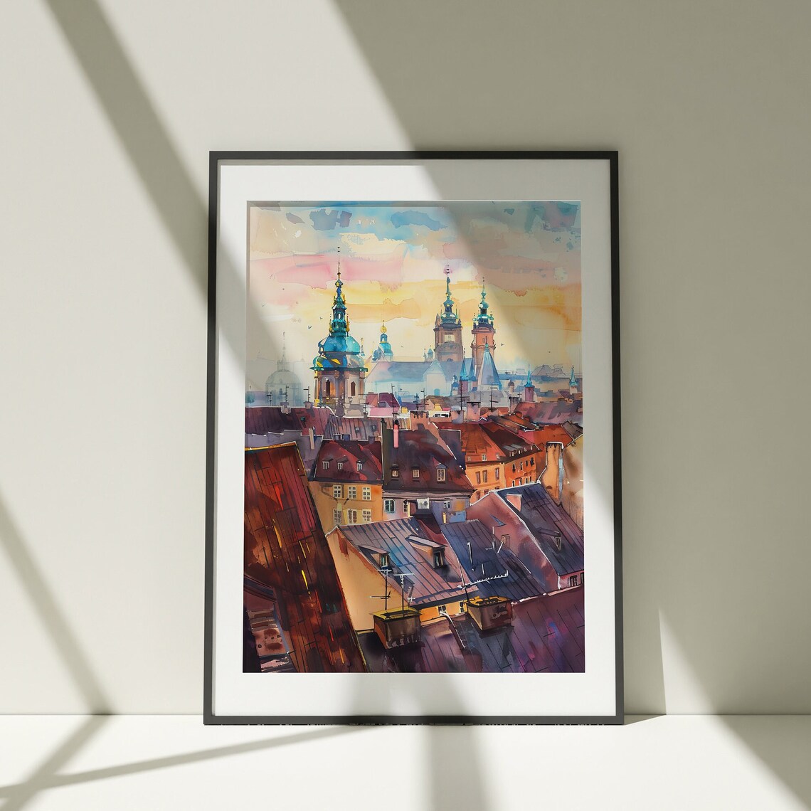 Historic European Old Town Sunset Watercolor Rooftop Scene Poster