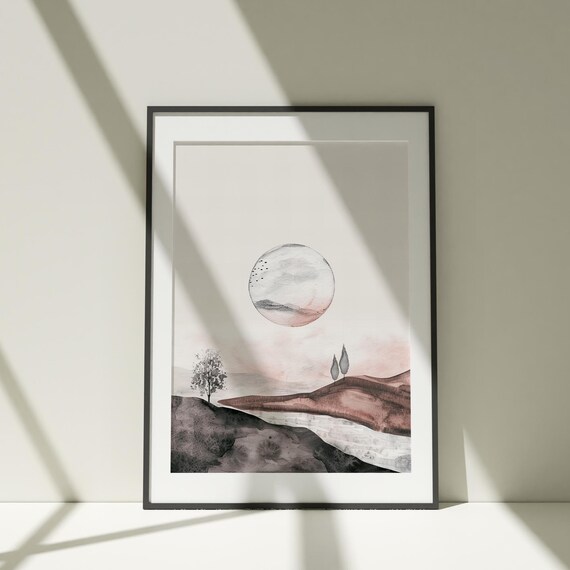 Moon Above Mountains Wall Art Painting Poster Watercolor Print Colorful Illustration Nature Minimalist Decor Bedroom Artwork
