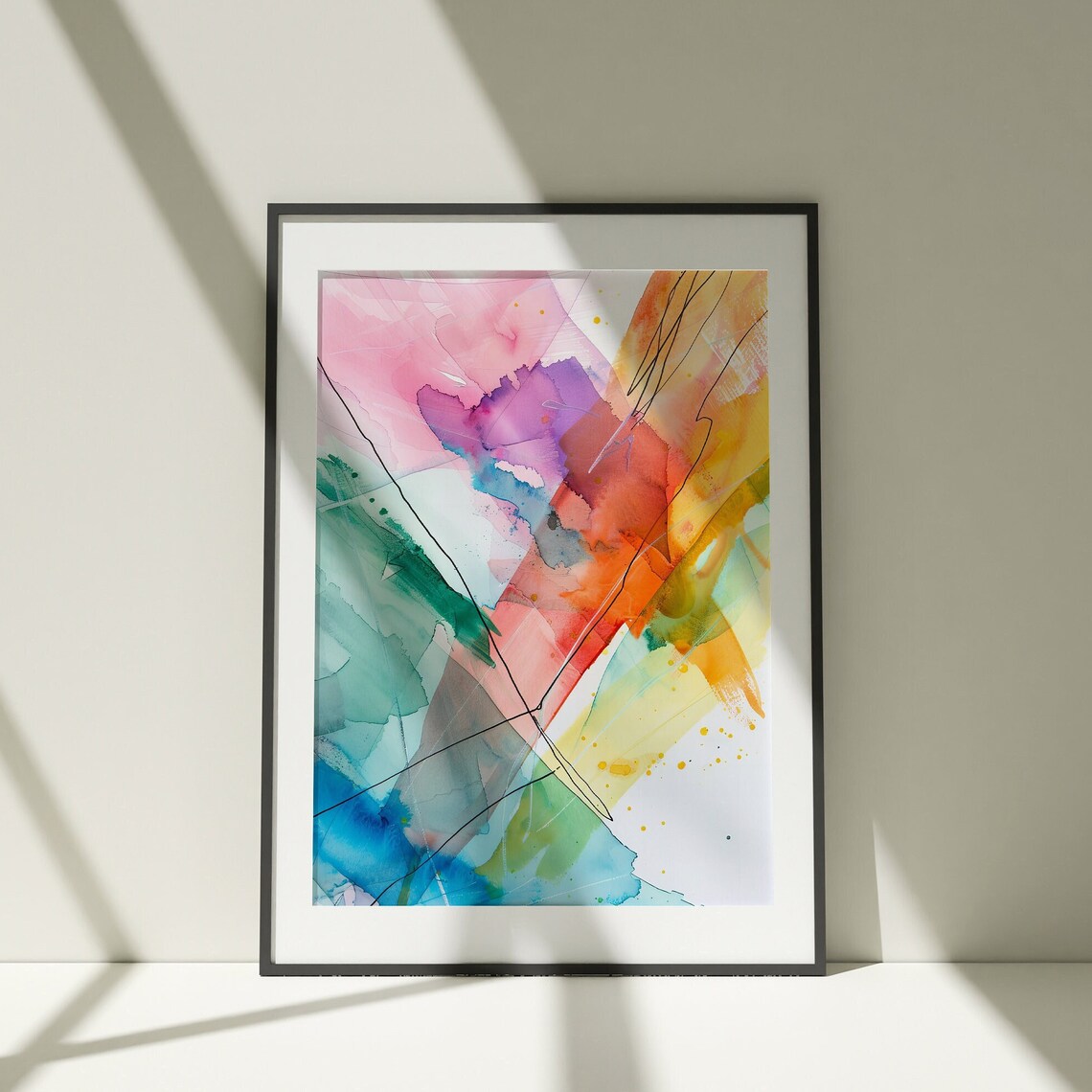 Abstract Pastel Blocks Watercolor Ink Lines Modern Art Poster