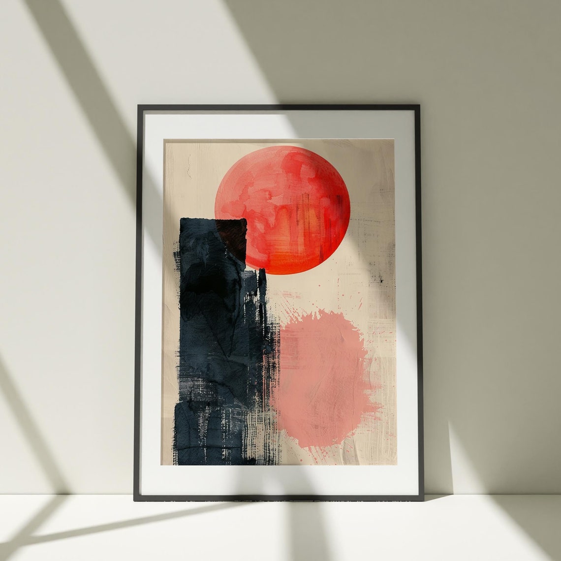 Red Sun Abstract Boho Watercolor Art Print with Black and Blush Blocks