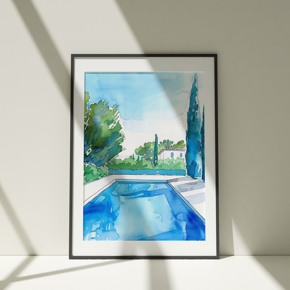 Blue Swimming Pool Watercolor Villa Garden Summer Art Poster