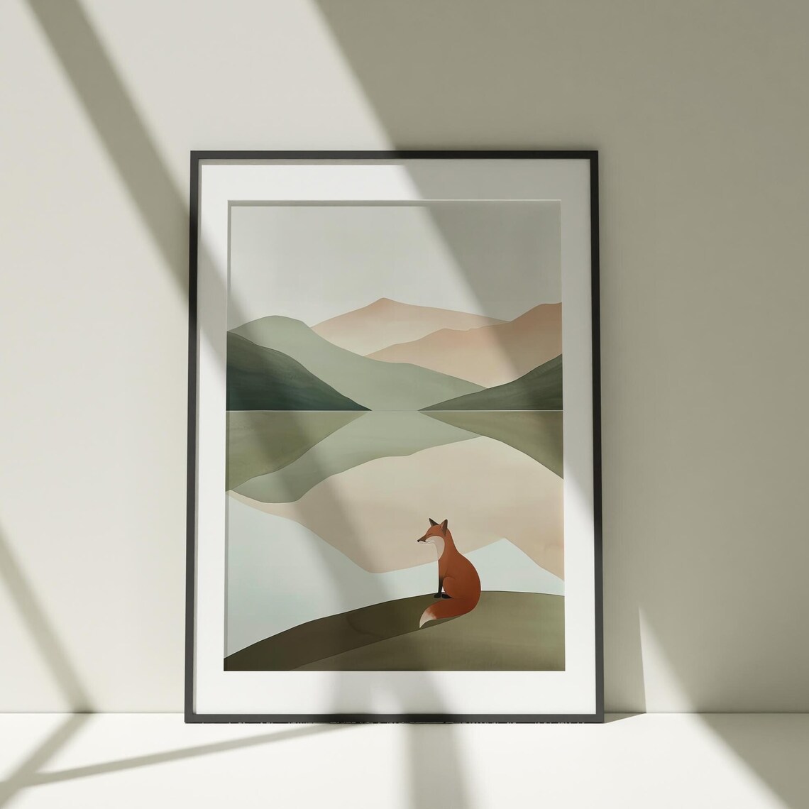 Minimalist Red Fox Mountain Lake Watercolor Painting Poster for Modern Homes