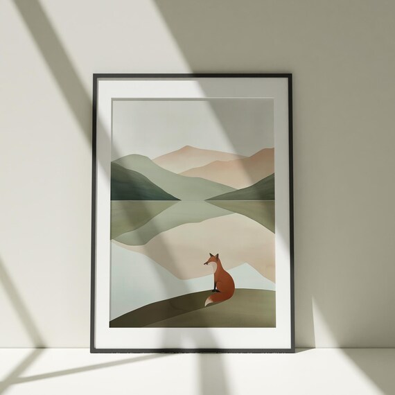 Minimalist Red Fox Mountain Lake Watercolor Painting Poster for Modern Homes
