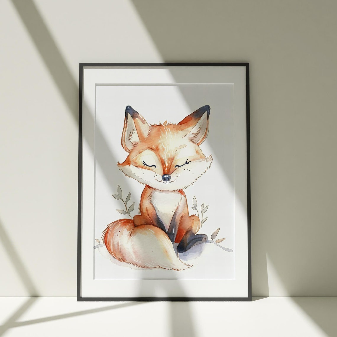 Sweet Cute Sleeping Fox Pup Watercolor Nursery Animal Poster