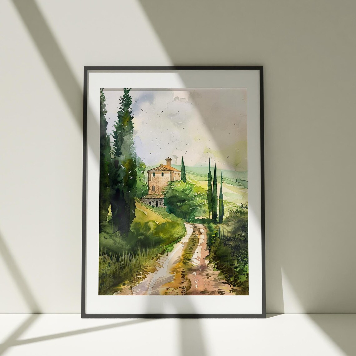 Tuscan Country Road Watercolor Cypress Villa Landscape Art Poster