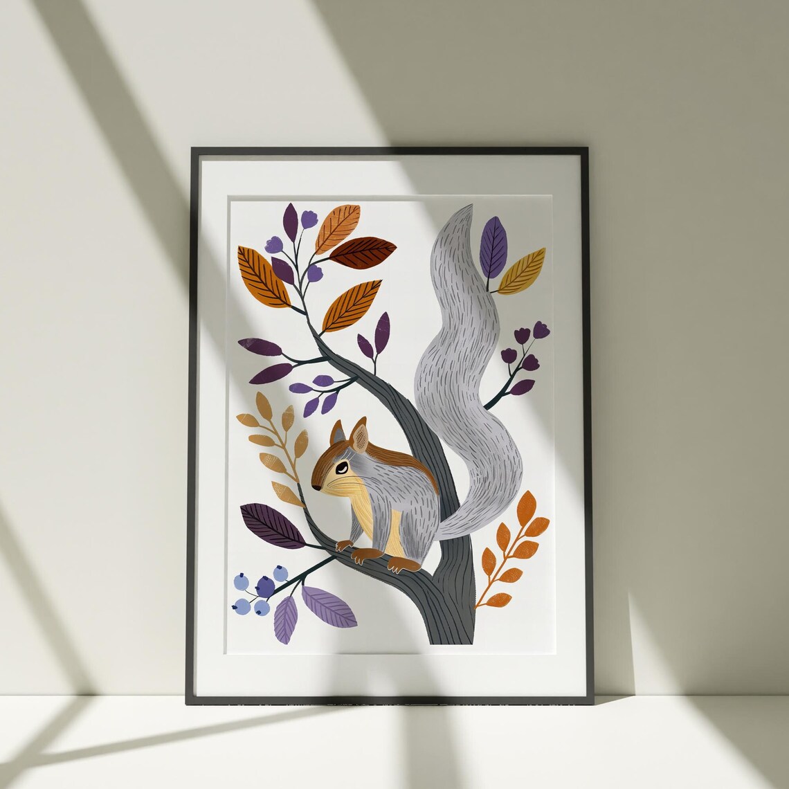 Squirrel Autumn Watercolor Illustration with Colorful Leaves Kids Poster