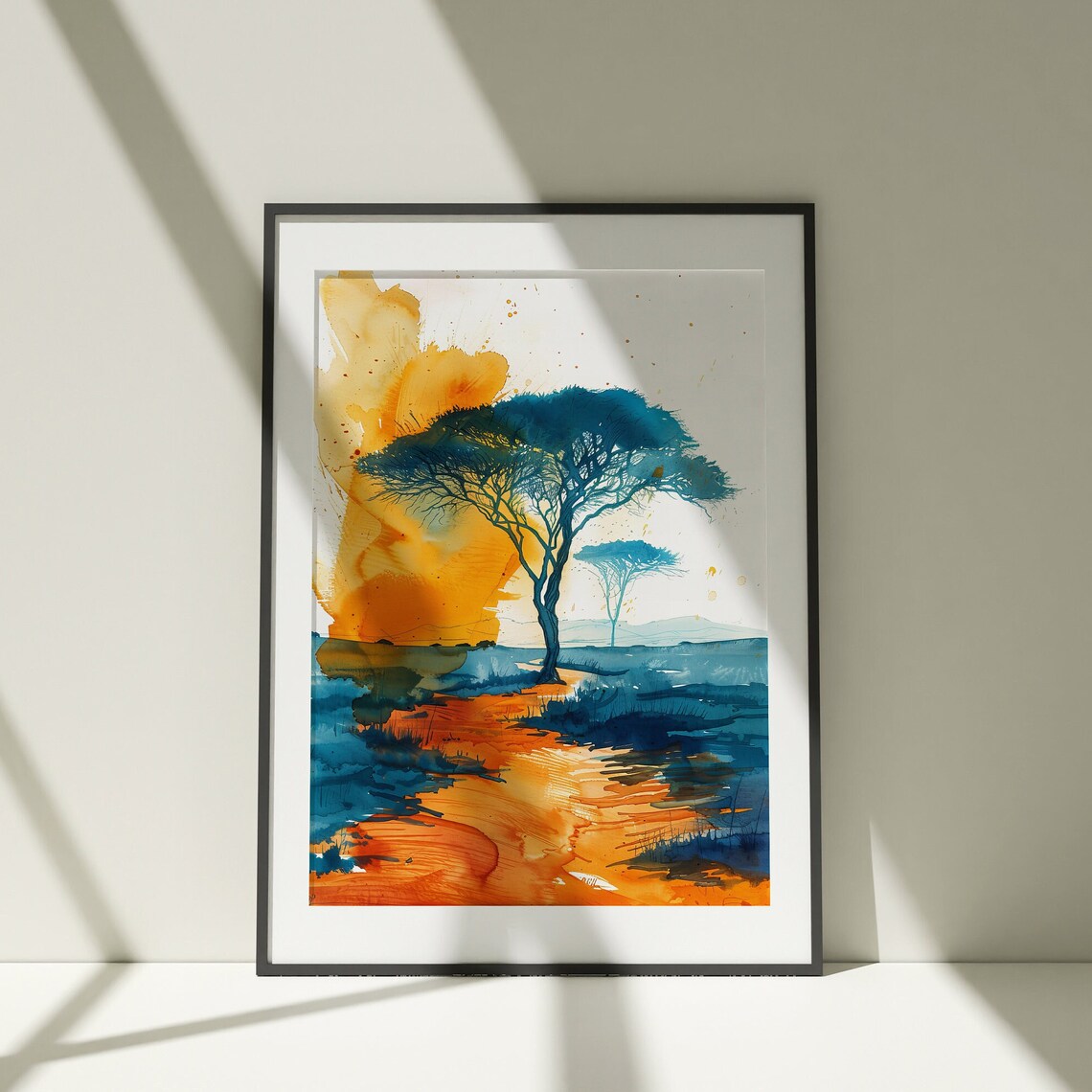African Savanna Watercolor Acacia Tree Sunset Landscape Art Poster