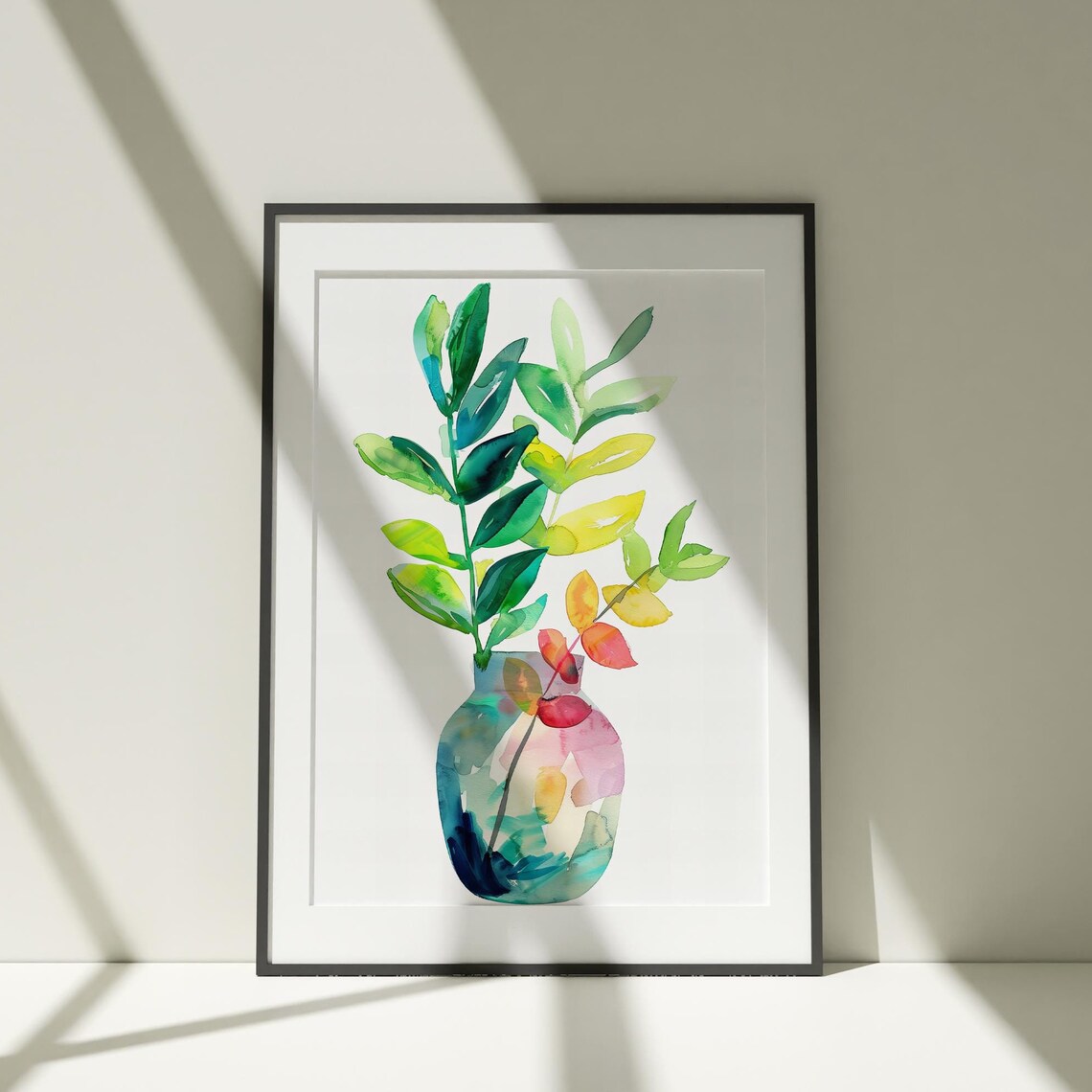 Colorful Garden Leaves in Glass Vase Watercolor Still Life Poster
