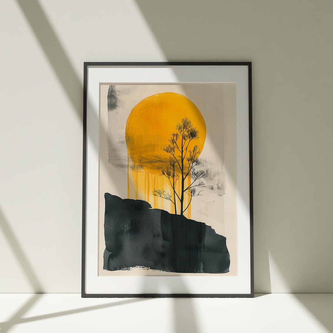 Golden Sun Lone Tree Minimalist Watercolor Art Print with Black Rock