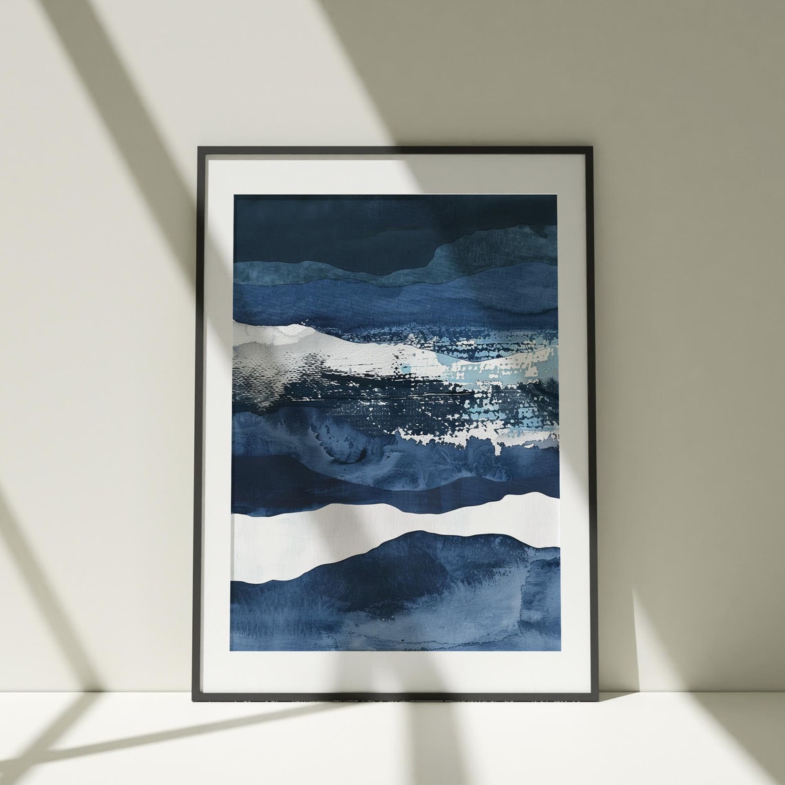 Navy Watercolor Wave Layers Abstract Ocean White Foam Poster