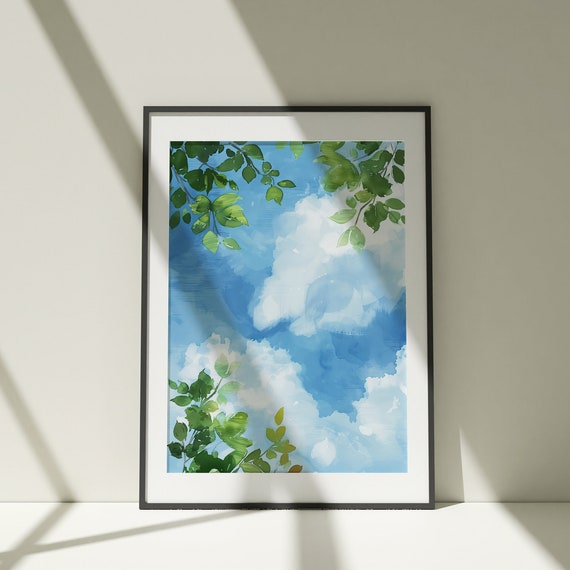 Minimalist Sky Watercolor Wall Art Abstract Forest Lake Painting Neutral Print Vertical Landscape Print Nursery Decor Kids Room Art