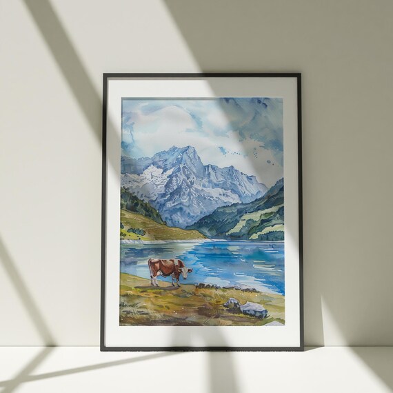 Swiss Alps Mountain Landscape Painting Wall Art Poster Watercolor Colorful Illustration Nature Minimalist Decor Print