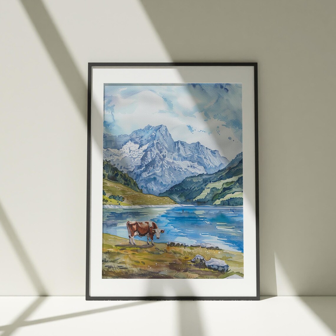 Alpine Lake Cow Watercolor Mountain Landscape Scenic Art Poster