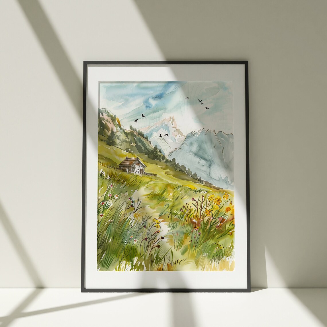 Alpine Meadow Cabin Watercolor Mountain Birds Landscape Art Poster