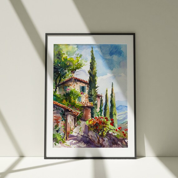 Minimalist Italian Watercolor Landscape Mountain House Wall Art Neutral Print Vertical Landscape Print Farmhouse Wall Decor Bedroom Art
