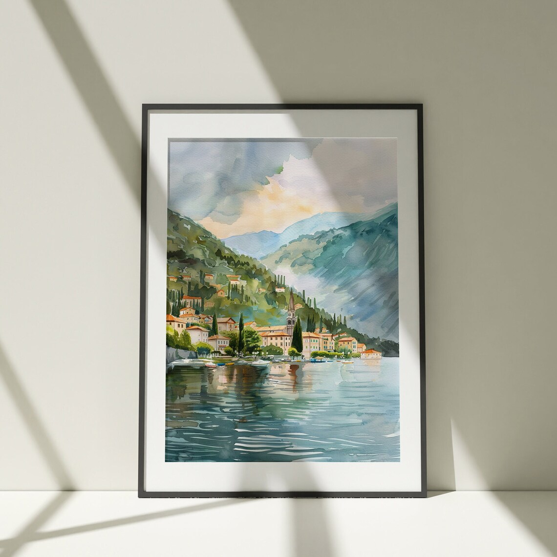 Italian Lakeside Village Watercolor Landscape Travel Art Poster
