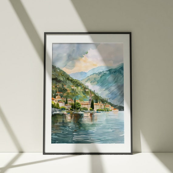 Minimalist Como Lake Watercolor Landscape Abstract Forest Lake Wall Art Neutral Print Vertical Landscape Print Living Room Wall Decor