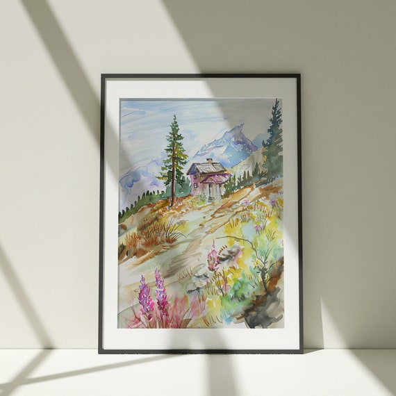 Forest Cabin Minimalist Watercolor Landscape Abstract Forest Lake Wall Art Neutral Print Vertical Landscape Print Farmhouse Wall Decor