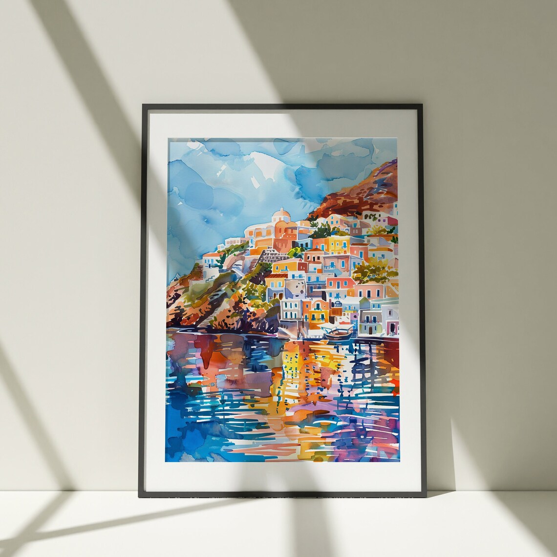 Colorful Cliffside Seaside Village Watercolor Harbor Scene Poster