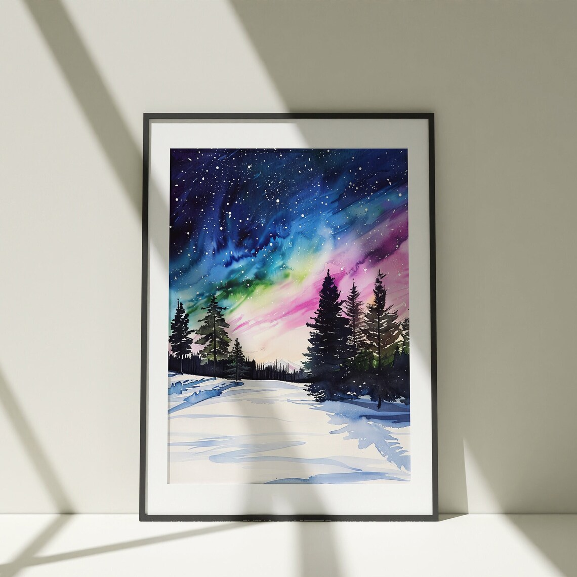 Northern Lights Watercolor Aurora Snowy Forest Winter Art Poster