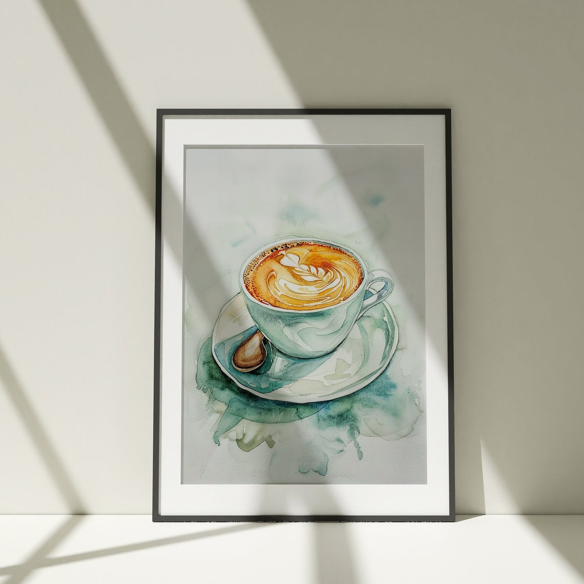 Latte Art Coffee Cup Watercolor Warm Cozy Kitchen Scene Poster