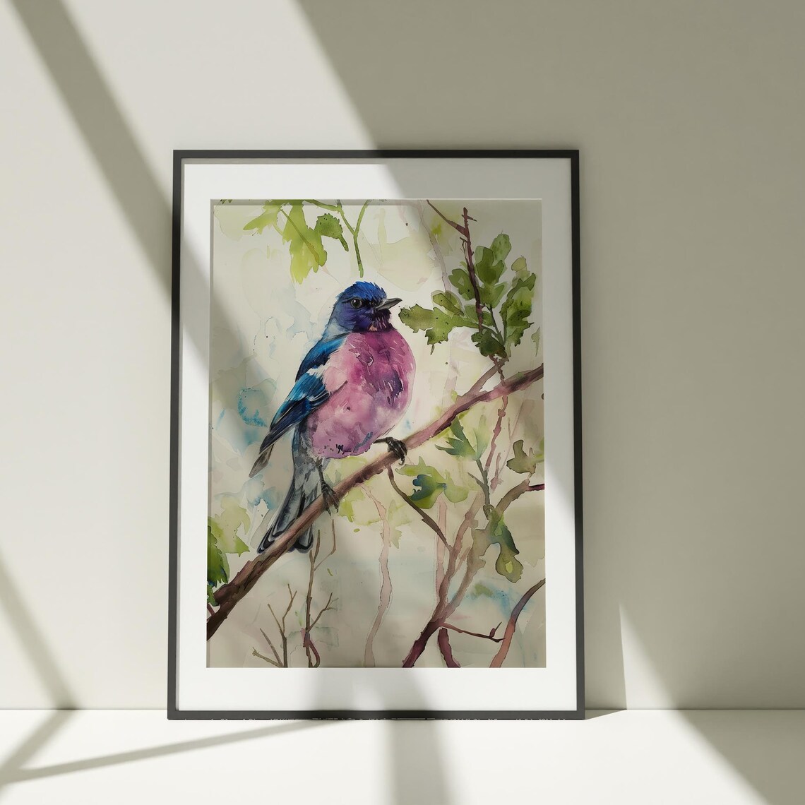 Blue and Pink Songbird Watercolor Perched Branch Nature Poster