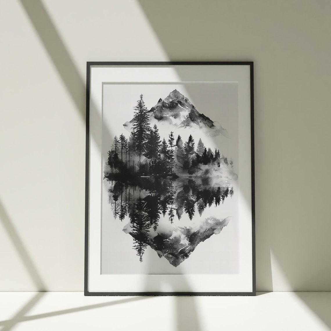 Black White Mountain Forest Reflection Watercolor Art Poster
