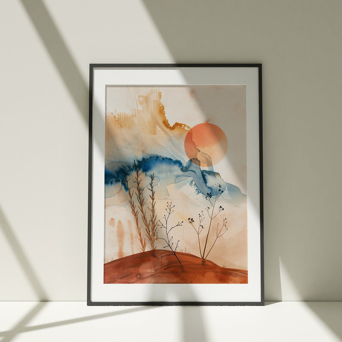 Abstract Sunset Watercolor Orange Sun Desert Hill Art Poster