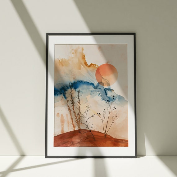 Sunset Abstract Painting Wall Art Poster Watercolor Colorful Illustration Nature Print Minimalist Decor Farm House Artwork