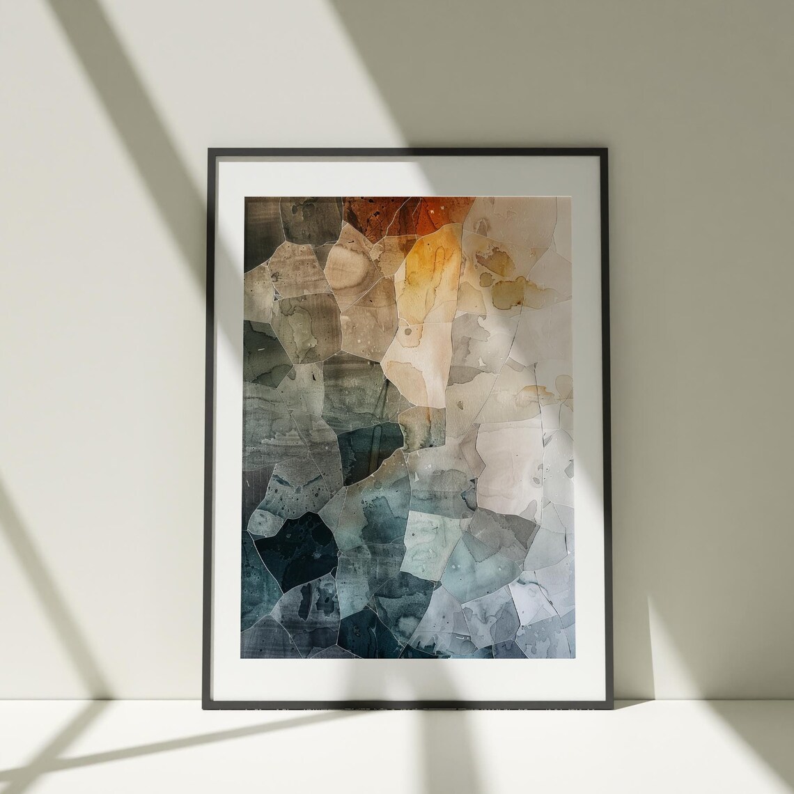 Abstract Stone Mosaic Watercolor Neutral Beige Blue Art Poster