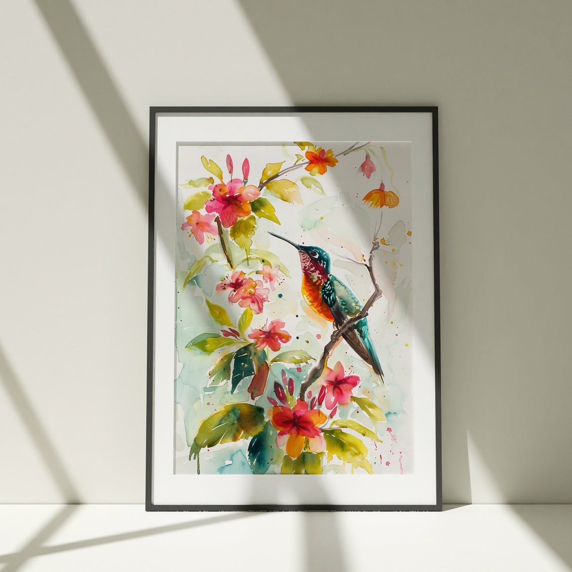 Hummingbird Among Pink Spring Flowers Watercolor Bird Art Poster