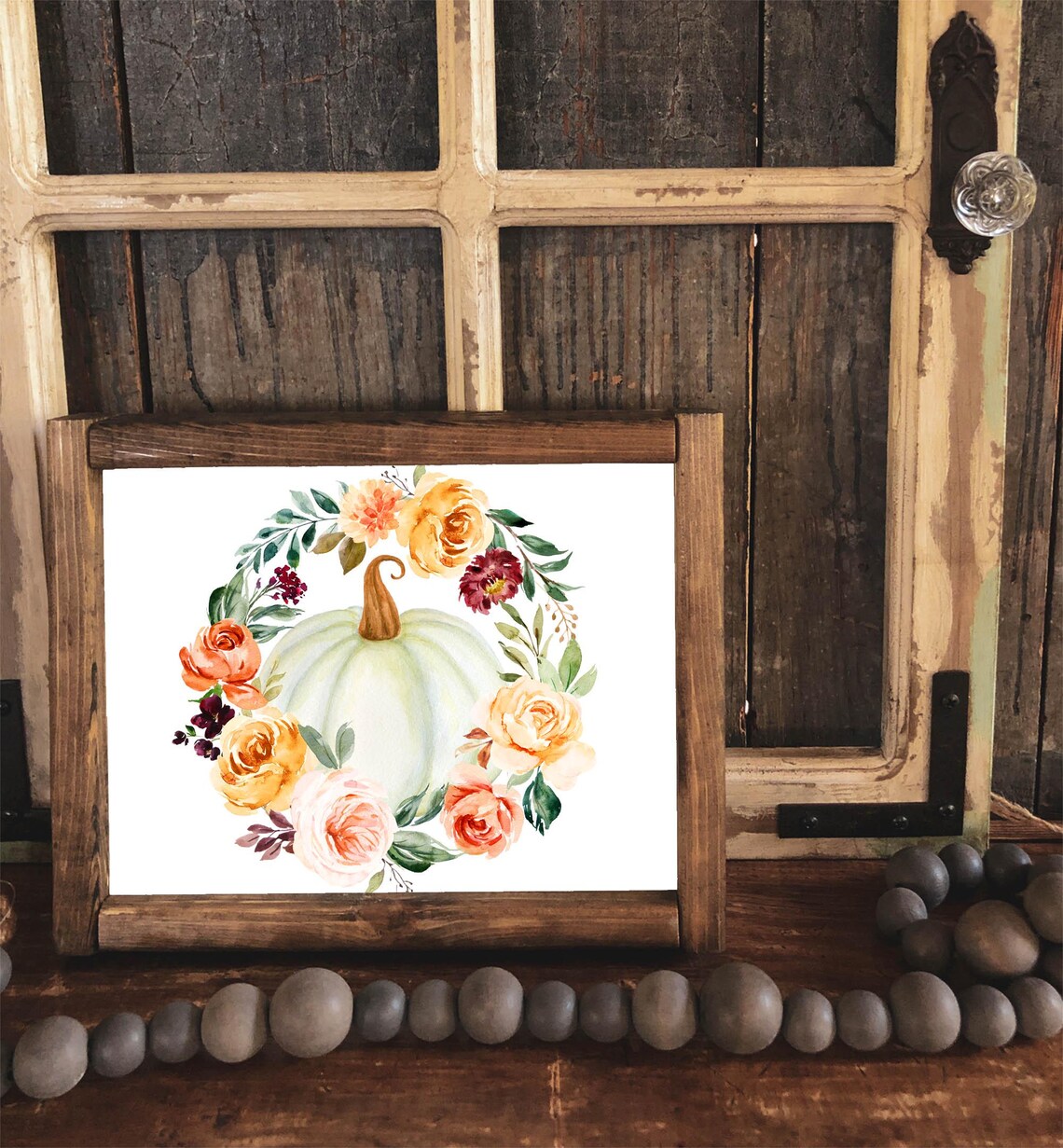 White Pumpkin Autumn Floral Wreath Watercolor Fall Art Print - Image 2